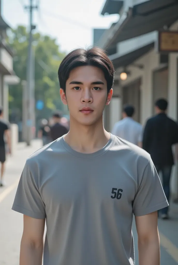 A young Asian handsome man (skinhead), wearing t shirt , 56 number on t shirt on lest side small size , medium size hair, walking, smiling painfully 