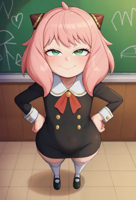 score_9, score_8_up, score_7_up, Yamathegod artsryle, 1girl, solo, anya forger nsfw, (/spy x family/), little girl, size difference, very short girl, from above, looking up at viewer, Anya is way shorter than viewer, small stature, innocent, pink hair, ha...