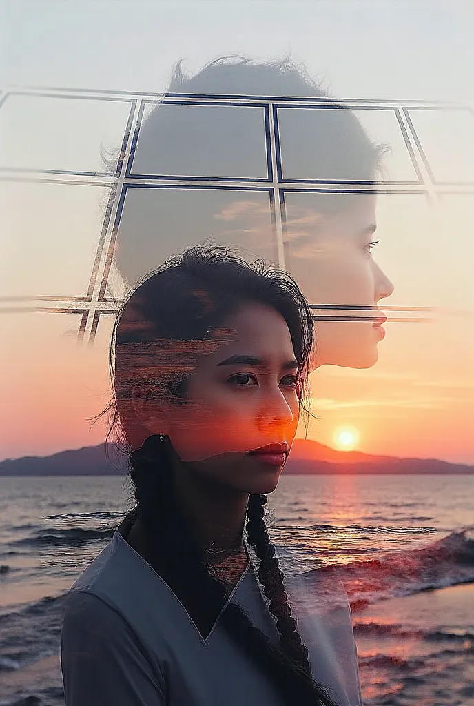 runs away from the mountain High quality,  8K Ultra HD, Прекрасная double exposure, that combines the silhouette of a goddess and the sunset on the coast, , the sunset coast should serve as a background, with its details,  incorporated into the silhouette ...