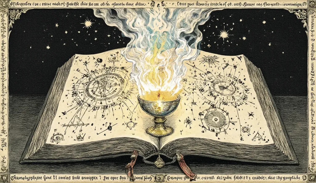 A highly detailed esoteric manuscript illustration depicting an ornate book with an empty, glowing chalice symbol on its open pages, surrounded by intricate alchemical diagrams, sacred geometry, and celestial markings. A translucent veil of mystical energy...