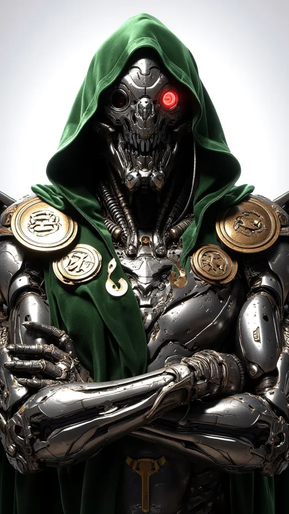 A hyperrealistic digital artwork of Doctor Doom from Marvel Comics. The image should focus on his upper body, showcasing his iconic metallic mask with a skull-like structure, glowing red eyes, and a breathing apparatus. The mask should have visible scratch...