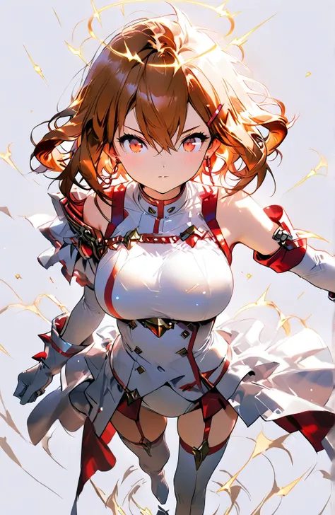 earrings、high image quality、Superb Details、 big breasts、Decisive Pose、is cool、dynamic、Astringent、 gloves、full body、aura、Ikazuchi、simple background、Shining brightly、thunder、 fight scene、 standing