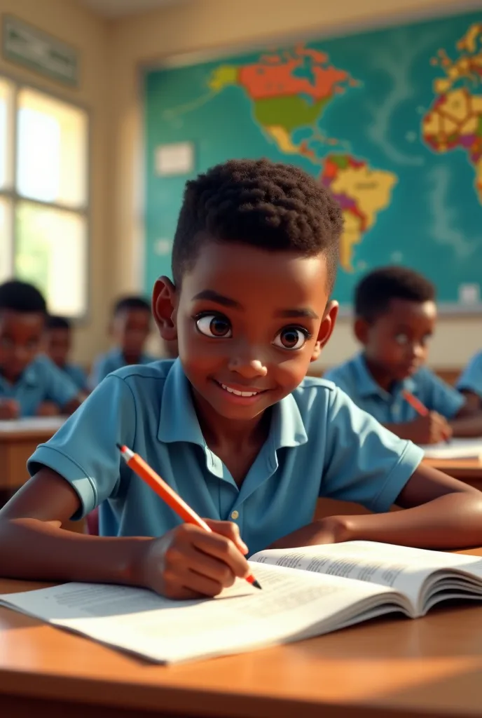 black African ren with short hair, originally from Mozambique, are studying in the classroom