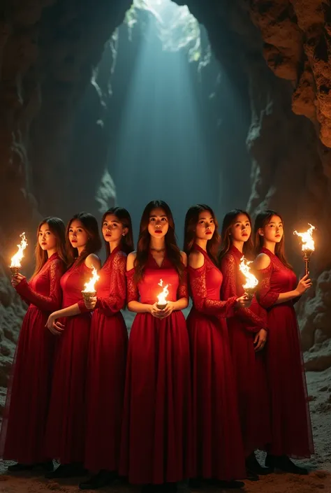 Beautiful female kpop group of 7 are desperate and very beautiful in a dark cave...the cave is very wide...have torches in their hands...Their clothes are red and dark all around..