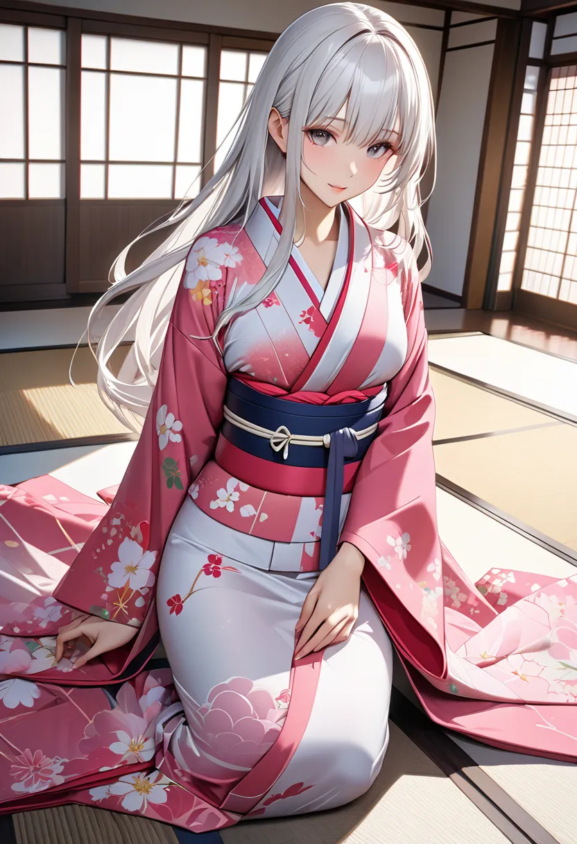 Beautiful woman in kimono with long white hair, Long hair colored from white to pink, Sakurabuki, very beautiful kimono, Highlight the texture of the kimono and the elegance of the pattern, See-through kimono, A very long kimono that spreads all over the f...