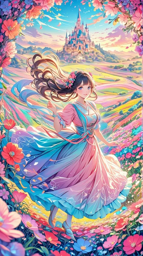 anime　Ultra-detailed, absolute resolution, a masterpiece.
Beautiful woman dancing in a colorful pastel-colored Hanfu.
Wide-angle aerial background of a flower field.
Wonderland world view.
A fusion of watercolor, acrylic and collage, conceptual installatio...