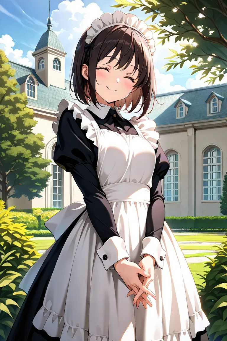 ((((  masterpiece)))), (((( top quality)))),  High Resolution,anatomically correct,1 girl, solo, Hair,short hair,maid clothes,eyes are closed,smile,join hands behind,Western-style building,garden,anime,