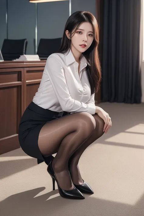 (masterpiece),((best quality)),(masterpiece,best quality,official art,extremely detailed CG unity 8k wallpaper),photo,Classy upper-class elite secretary in business shirt,working in an office,Wearing a strict business blouse,Wearing pantyhose,Wear high-end...