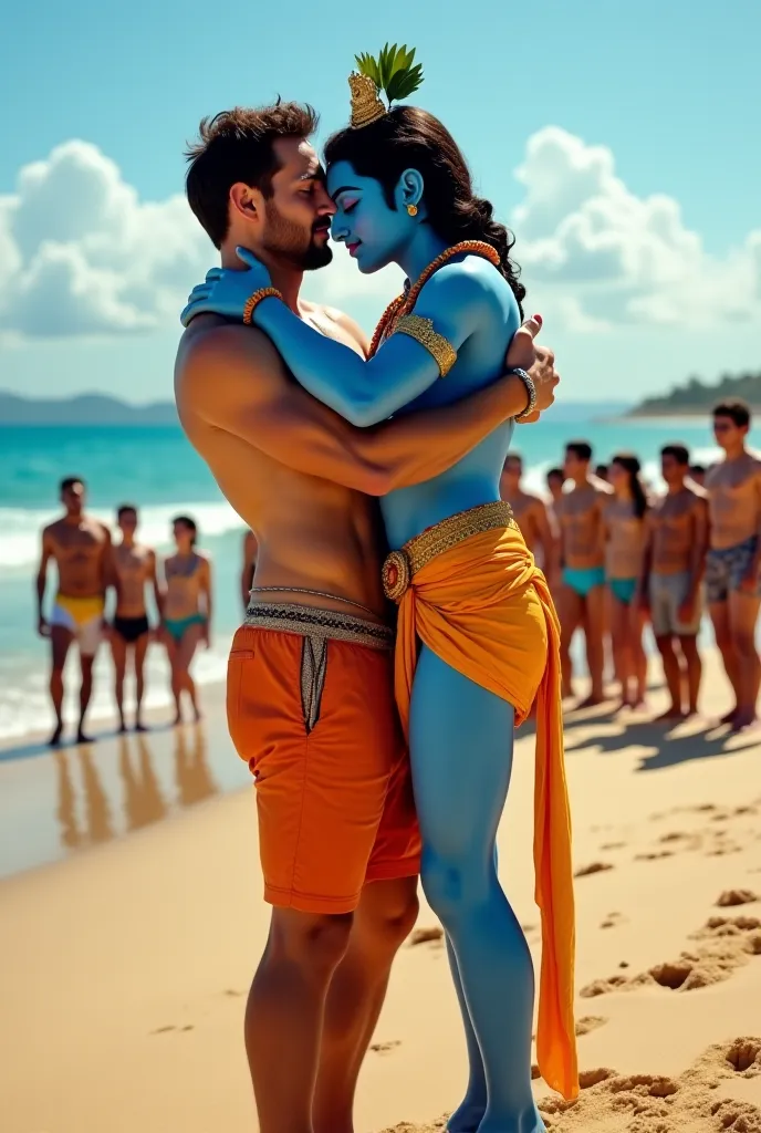 Adult movie star Johnny sins holding Hindu God Shri Krishna tightly on beach and people watching them and laugh