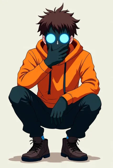 An adult anime man who thinks and has dark brown hair as well as an orange hoodie, black pants and shoes and has a mask on which there are two bright blue circles and completely covers his entire face and he squats