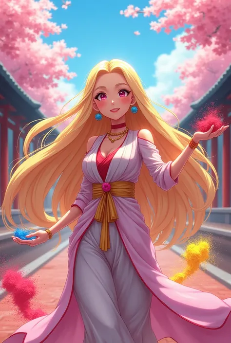 "A vibrant anime-style illustration featuring a graceful woman with long, flowing blonde hair and confident demeanor, inspired by Cynthia from Pokémon, joyfully participating in a Holi festival. She is dressed in a traditional yet elegant outfit, playfully...