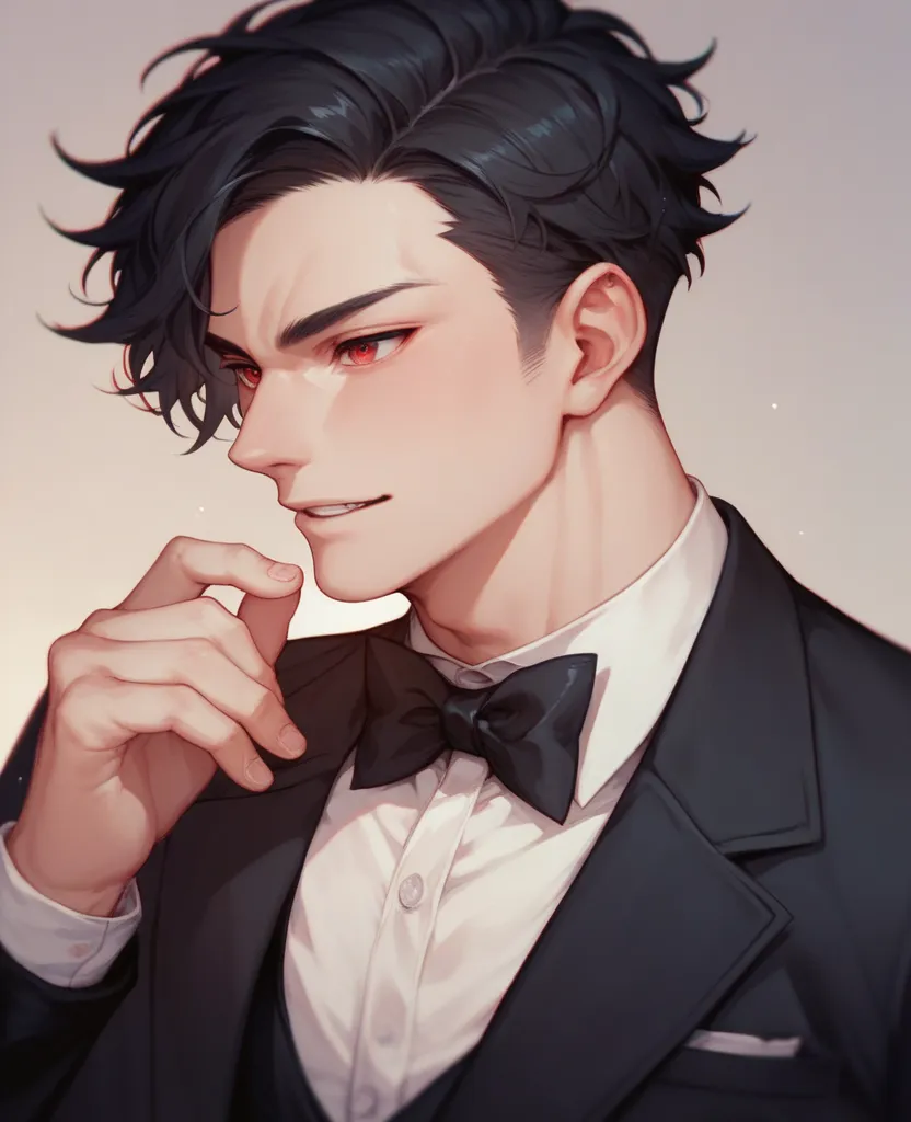 Boy with short black hair and red eyes is wearing a black tuxedo 