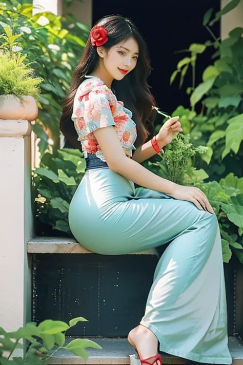 Burmese girl with attractive curvy full body. Friends full-length bikini, (Red ♥️ dress) reflective long dress painted with flower A blonde Asian woman sits on a white staircase against a blue wall background decorated with blue 💙 roses and green vines. Sh...