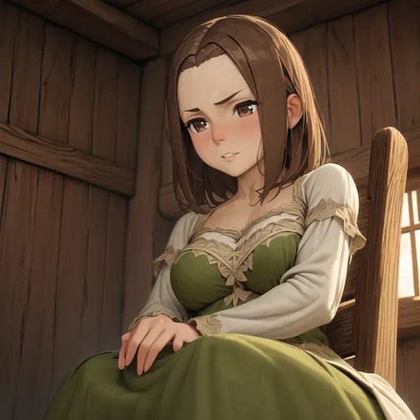 Mirien, a young woman with delicate features, sits leaning on a simple wooden chair in a room in the center of a medieval wooden house.

She has beautiful brown eyes and medium-length, straight brown hair with a slanting fringe framing her round, delicatel...