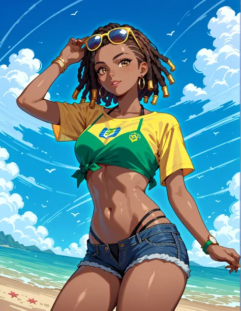 nsfw, black girl, curly and wavy short hair with dreadlocks, medium size hair, black skin, light brown eyes, brazil shirt, glasses on head, jeans shorts, bikini, on the beach