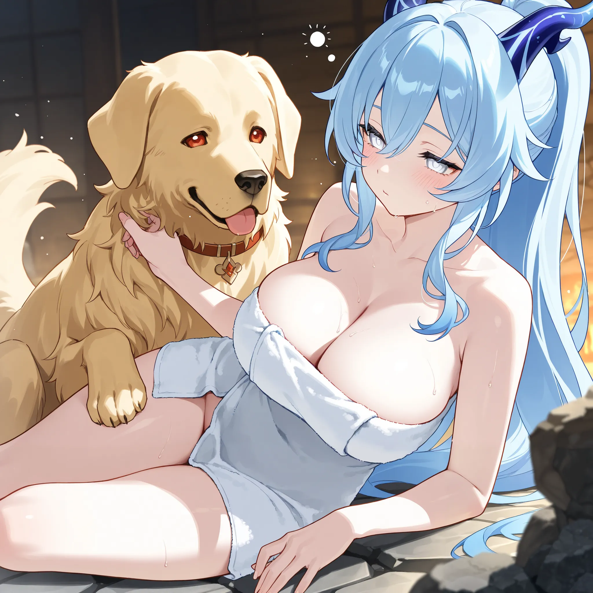 best image quality、High Resolution、 diamond blue hair 、white eyes、、hot spring、   、美しいchest、  best thighs、Blue aura、 long hair、best image quality、floating rubble、bath towel、 white skin、 the royal family、、Straight face、Looks sleepy、chest、Big Breasts、Ultra-cl...