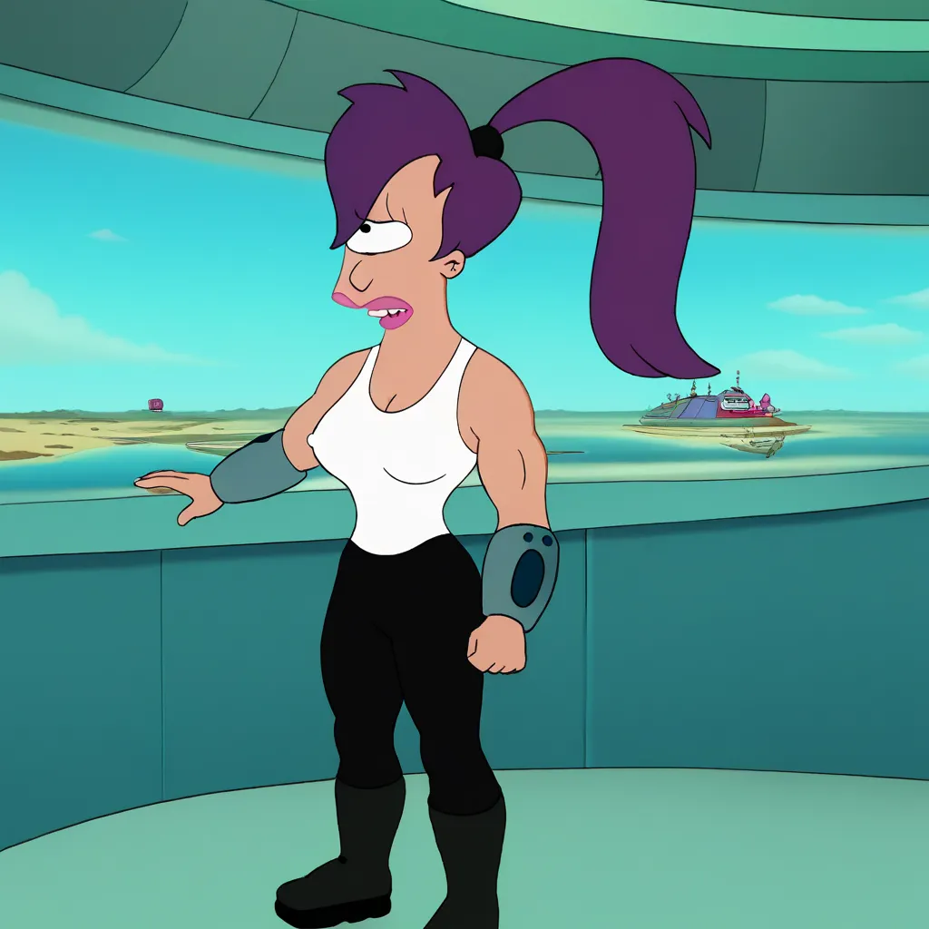 score_9, score_8_arriba, score_7_arriba,   zpDxl, Leela , purple hair, one eye, Cyclops,  circular eyes , overbite,  dot parribail ,   source  _cartoon,  Futurama Style, 1 girl, Alone , long hair, ponytail, make up, parody, lipstick,  interior of the space...