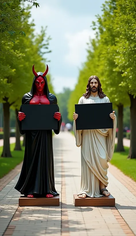 A beautiful outdoor park with a symmetrical pathway lined by lush green trees. In the center of the pathway, there are two statues on wooden bases. The statue on the left is a muscular red devil with sharp horns, wearing a long black hooded robe that cover...