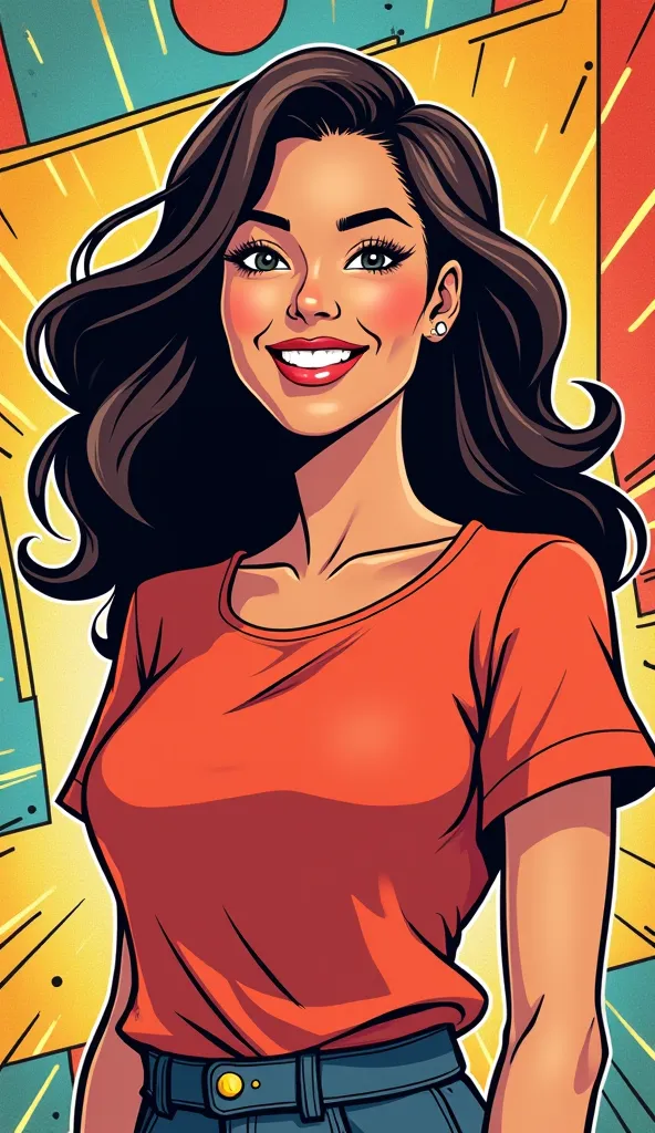 A comic book style illustration of an adult American woman, smiling. 