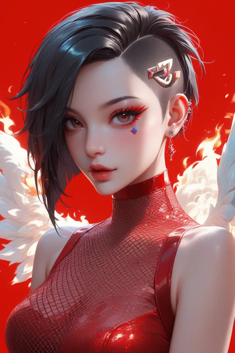 age girl。asymmetrical hairstyle。boyish。 red mesh hair on black hair。 punk girl。 a girl who is strong and has a strong core。 red and black are image colors 。Lots of decoration。 a girl with a flame theme 。A girl who is also an angel 、are cool。simple backgrou...