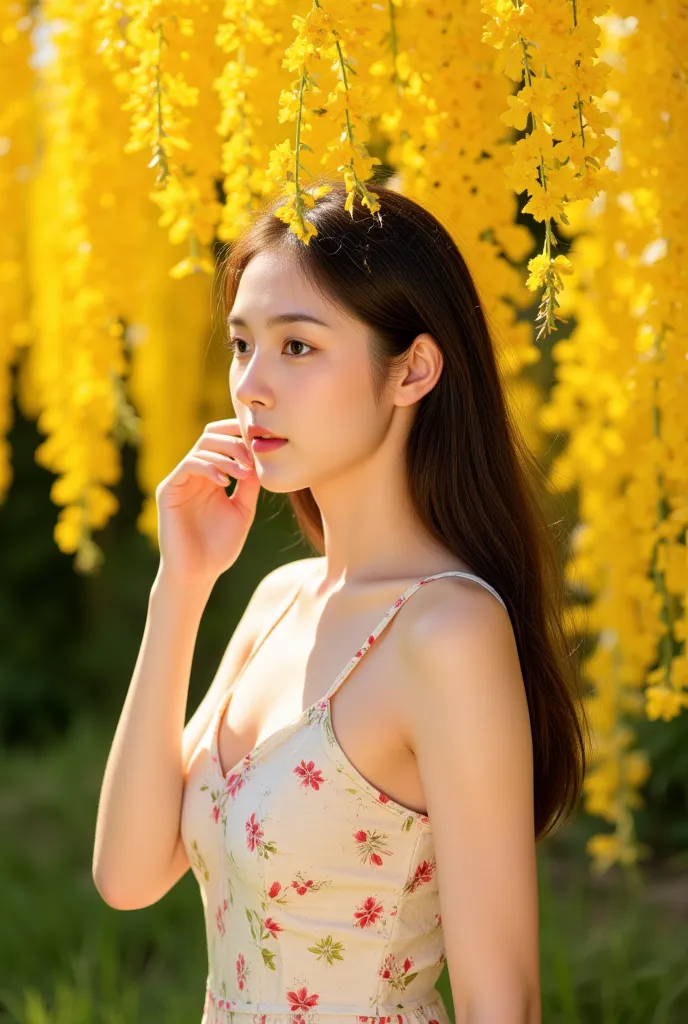 A young woman with long, flowing dark hair and delicate features stands beneath a breathtaking cascade of golden-yellow flowers in full bloom. Her expression is serene and contemplative as she gazes softly at the blossoms around her, one hand gently touchi...