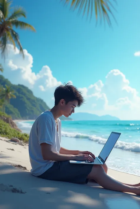 Person with a computer on the beach
