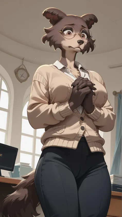 eastnik_fluffy, detailed background, office, Anthropomorphic female wolf, brown fur, brown eyes, full height, plump body, looks down, hands together, sad face, long lashes, black-rimmed , round glasses, standing, big chest, high legs, cardigan, big pan...