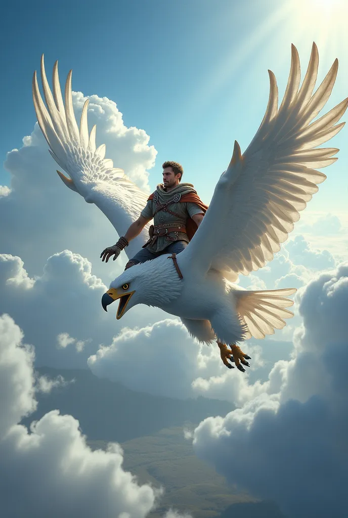 Make a picture of a man riding a white eagle version 9:16