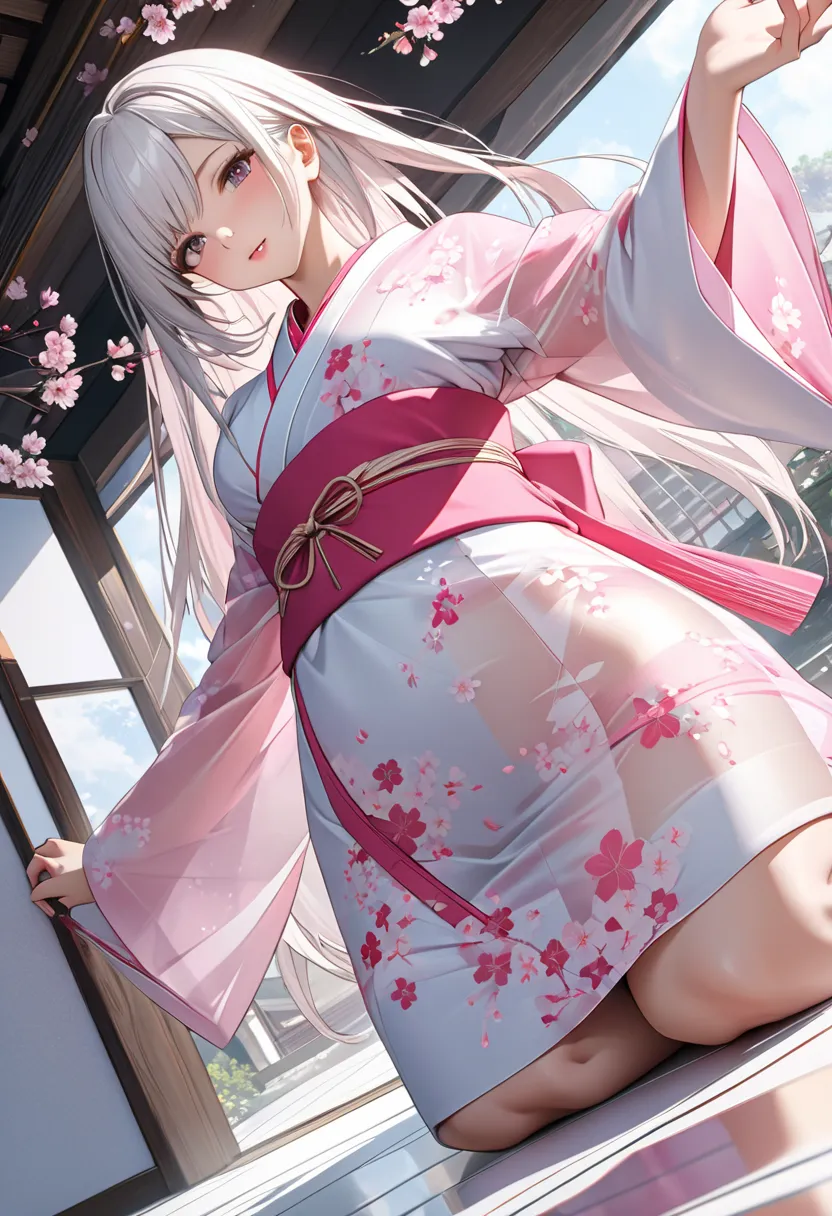 Beautiful woman in kimono with long white hair, clear mirrored floor,  voyeur angle, Long hair colored from white to pink, See-through kimono with cherry blossom pattern, Shooting from directly below, cowboy shot, dutch angle, UHD, masterpiece, accurate, t...