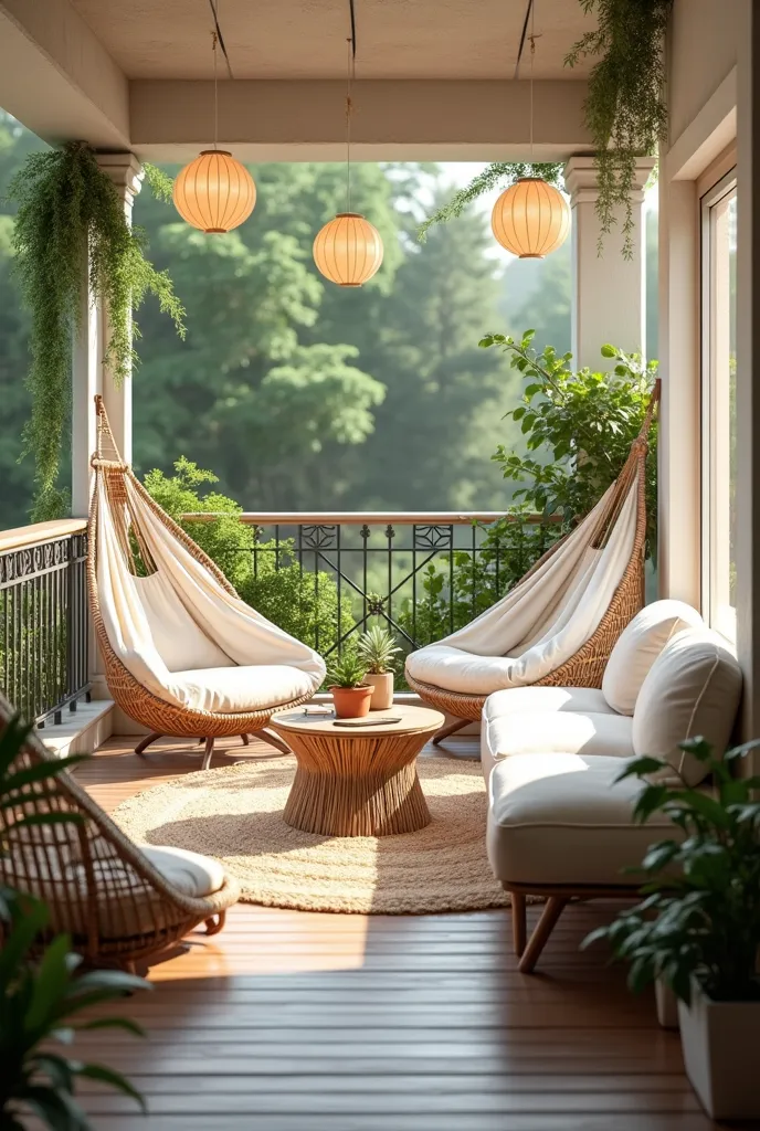 The image shows a balcony decorated in shades of white in a cozy and charming way. Two hammocks are hung, one on each side, adorned with cushions and blankets, inviting relaxation. Left, there is a wicker chair with a blanket and cushions, that adds a rust...