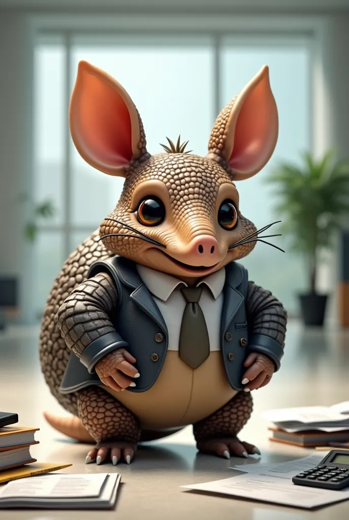 an armadillo in chibi model whit kawai style, that work in finance
