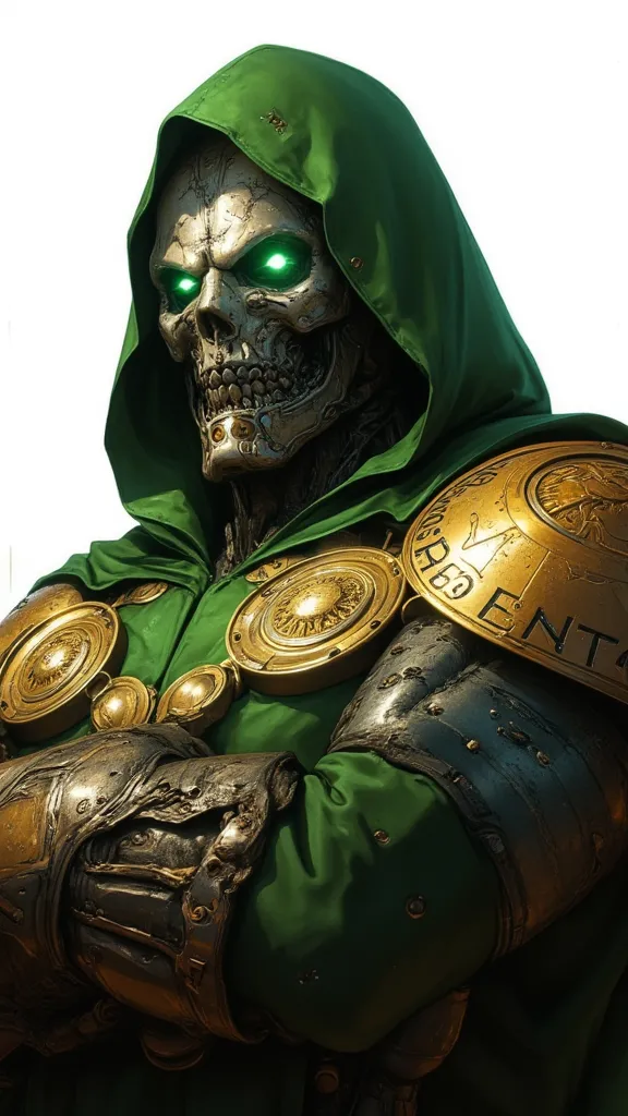 A hyperrealistic digital artwork of Doctor Doom from Marvel Comics. The image should focus on his upper body, showcasing his iconic metallic mask with a skull-like structure, glowing green eyes, and a breathing apparatus. The mask should have visible scrat...