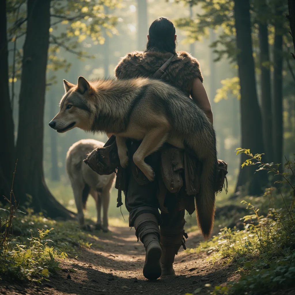 Pre-historic human, With your hunt a dead wolf on your back,  in the middle of the forest 