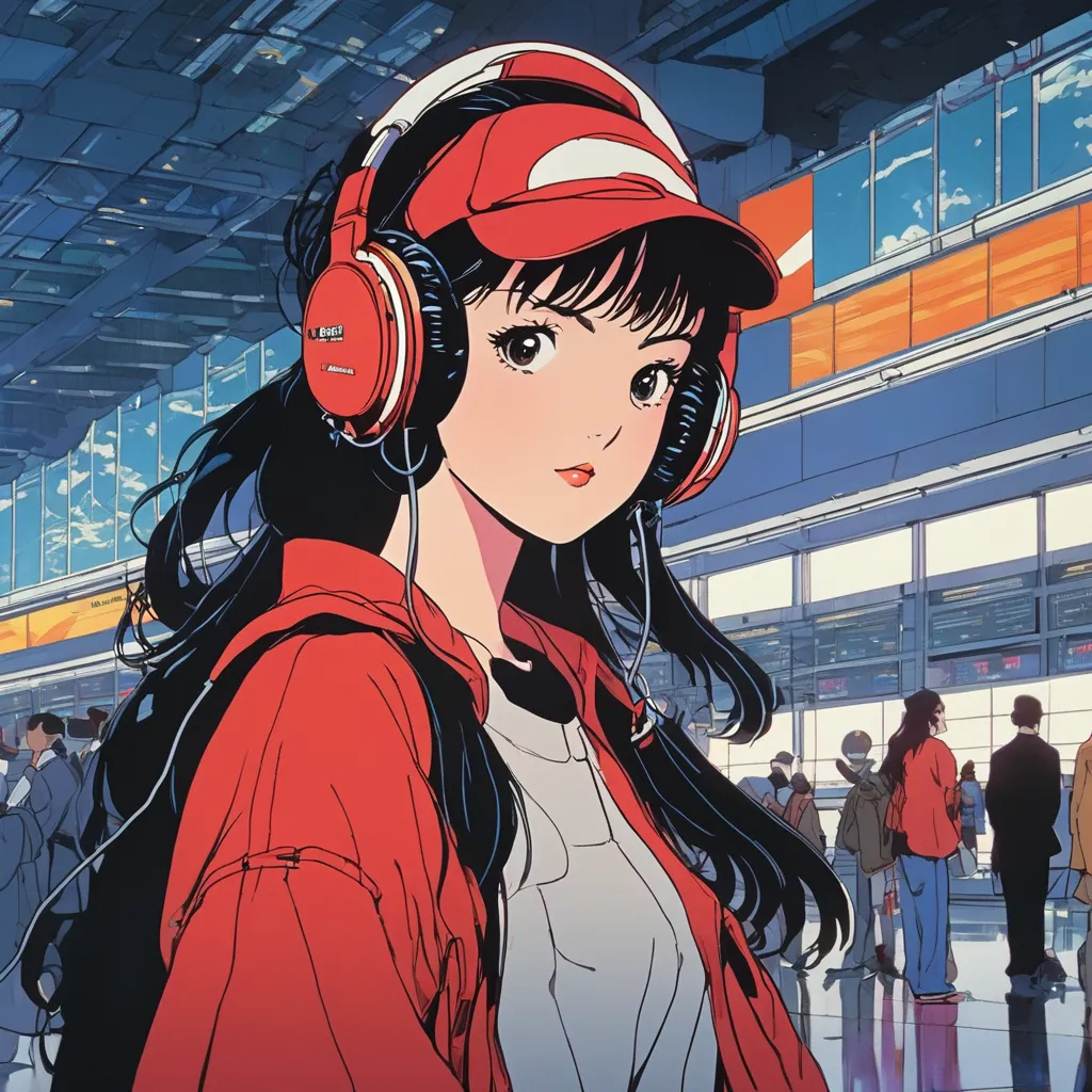 anime girl with headphones standing in front of a Airport, 9 0 s anime aesthetic, lofi girl, from akira ( 1 9 8 8 ) style, 8 0 s anime vibe, lofi artstyle, akira vibes, style of akira motion movie, akira anime cyberpunk, in the style of akira