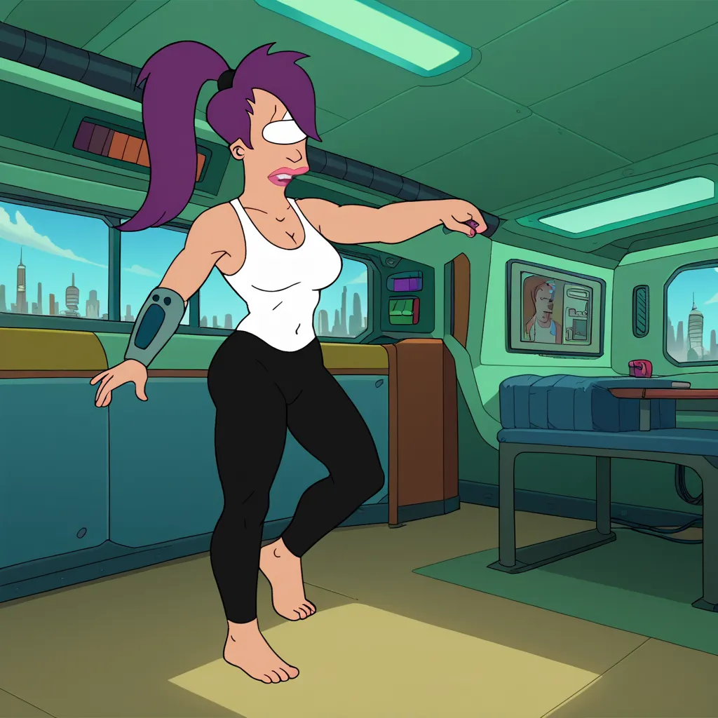 score_9, score_8_arriba, score_7_arriba,   zpDxl, Leela , purple hair, one eye, Cyclops, barefoot, full body,, shut your mouth,   source  _cartoon,  Futurama Style, 1 girl, Alone , long hair, ponytail, parody, lipstick, Interior of the spaceship, armpits