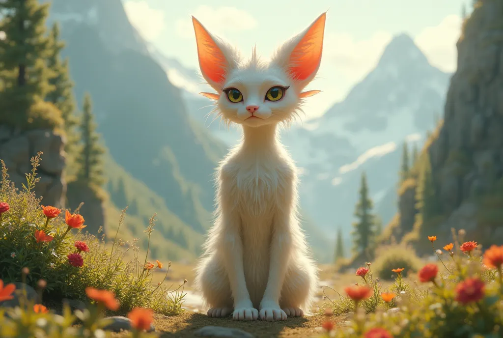 beautiful unusual mythical creature,  highly detailed , realistic, фотоrealistic, natural light, perfect focus, calm facial expression,  hyperrealistic detail adorned with cat ears , picturesque, epic fantasy style, 4K, runs away from the mountain High qua...