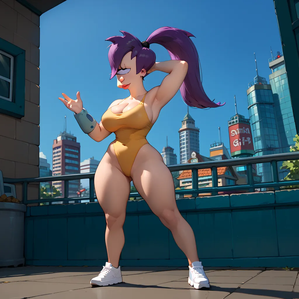 Turanga Leela from Futurama, cyclops, an eye on her head, chica, Human race , One eyed girl, purple hair in ponytail, big breasts,  thick thighs ,  city background , full body, armpits