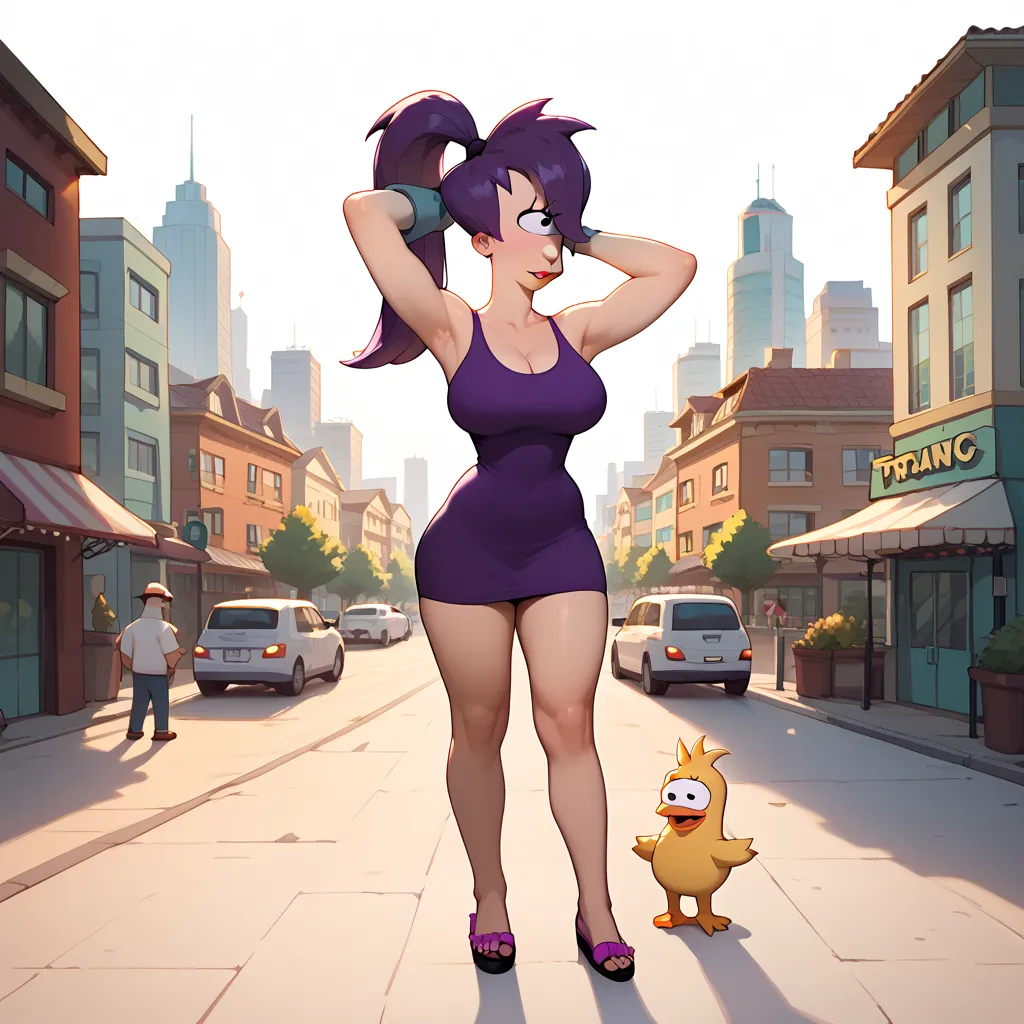 Turanga Leela from Futurama, cyclops, an eye on her head, chica, Human race , One eyed girl, purple hair in ponytail, big breasts,  thick thighs ,  city background , full body, armpits