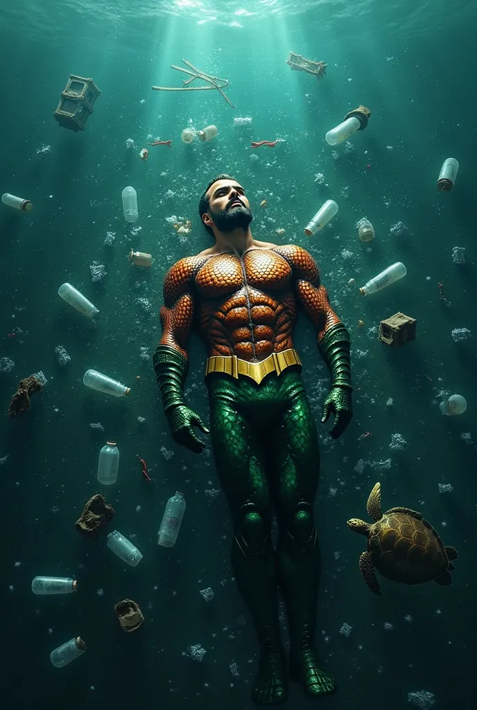 Aquaman who dies with rubbish in the water next to a dead turtle