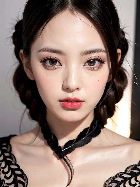 masterpiece, best quality, 1 female, beautiful,  portrait , deep  Makeup  ,   1girl  , face focus, long hair, black hair,  lipstick , Goth , Diana \(league of legends\),  Makeup  ,  Pale skin ,  perfect ,   gray eye  , braided hair