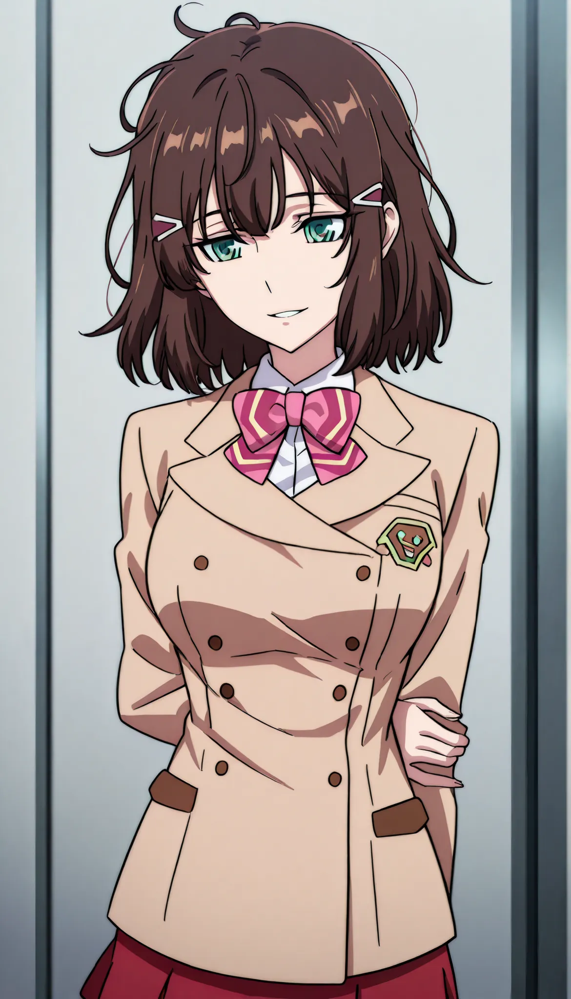 masterpiece, highest quality, Guide Shoko, source_anime, score_9, score_8_up , score_7_up ,  1girl , smile, medium short hair, Wispy bangs , [[messy hair]], very dark brown hair,  long bangs, ((Attach the crossed hair elastic to both sides)), [[ slightly m...