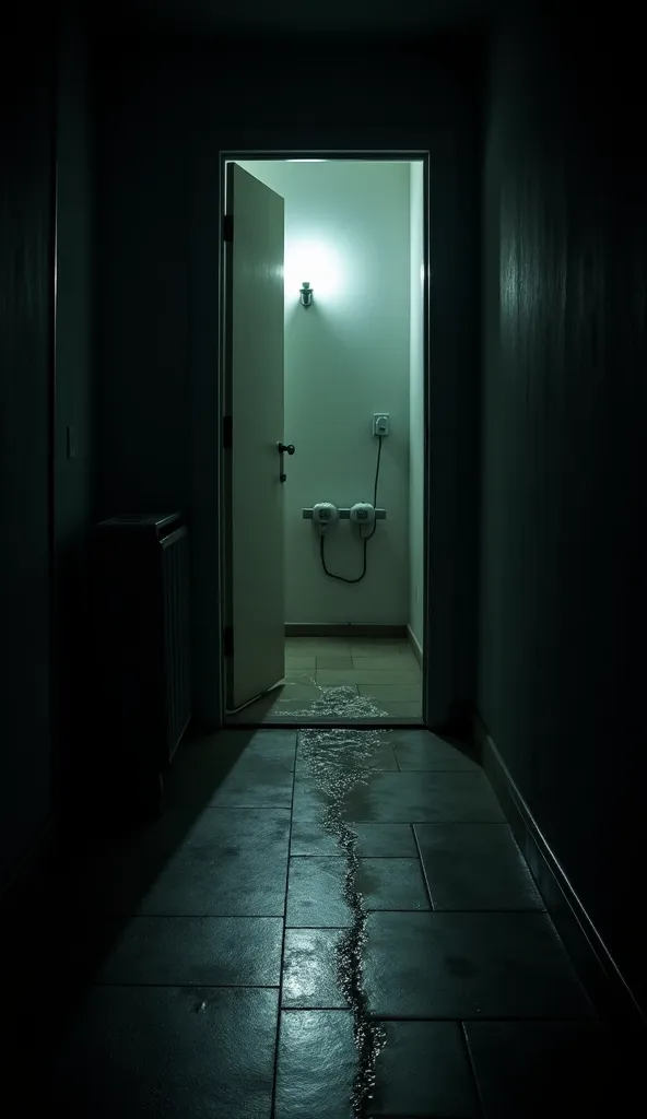 Dark driveway, the open door of the apartment, behind which you can see an ominous shadow. The light from the light bulb blinks, stretching from the bathroom on the floor are traces of water, stretching from the bathroom.  a tense atmosphere , feeling, tha...