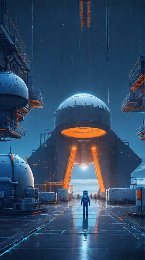 Wide angle shot, Industrial space base blending the artistic style of Christopher Balaskas and Yuko Shimizu, dark gray, Blue and orange color tone