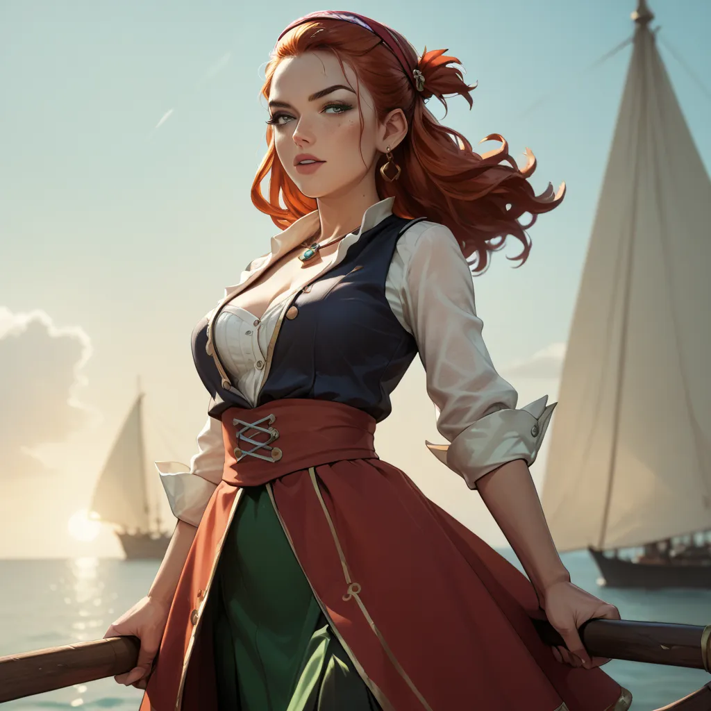  Anime woman, redhead, with big boobs in the guise of a pirate
