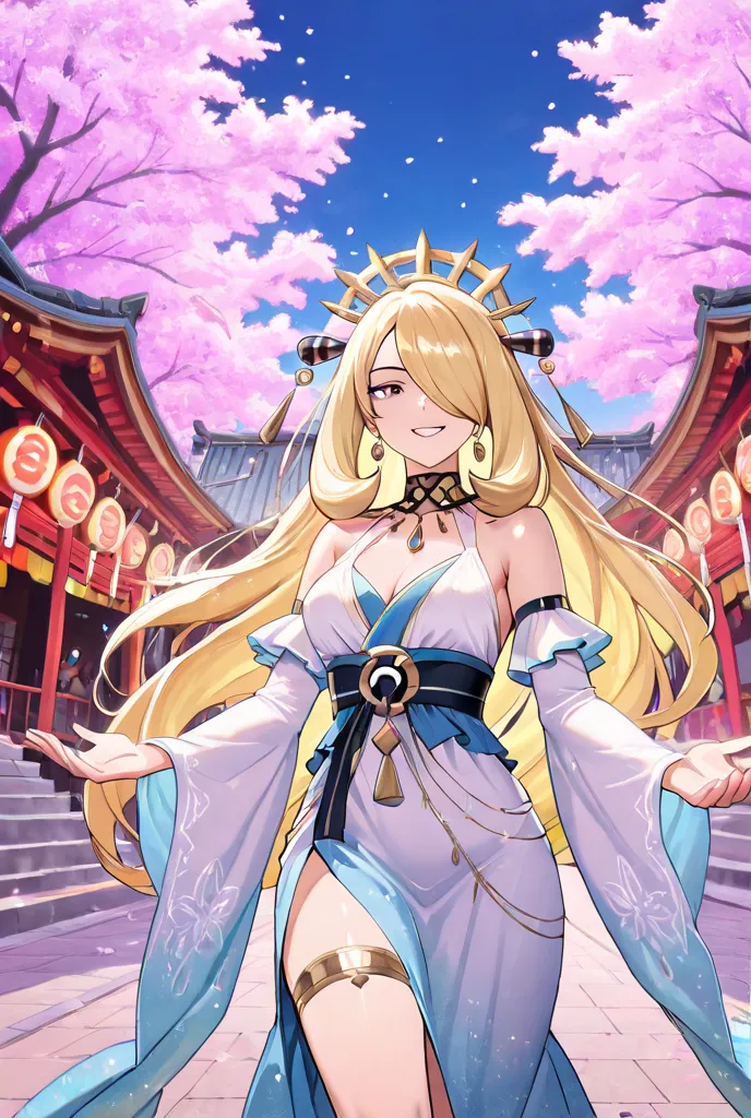 "A vibrant anime-style illustration featuring a graceful woman with long, flowing blonde hair and confident demeanor, inspired by Cynthia from Pokémon, joyfully participating in a Holi festival. She is dressed in a traditional yet elegant outfit, playfully...