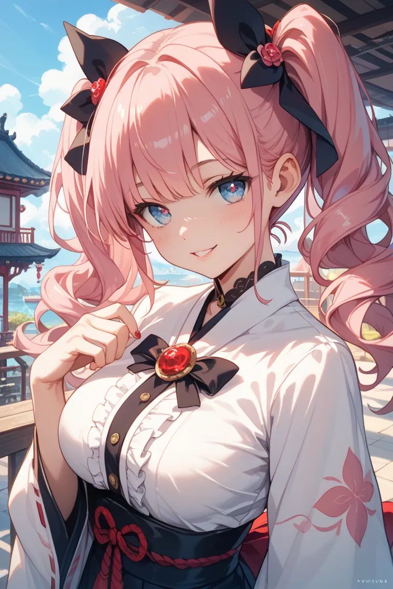 classy gaming icons。Angel with pink hair。 furi furi clothesを着ている女の子。Eyes are moist。twin tails。sagitales。 furi furi clothes。There is a lot of light in the eyes