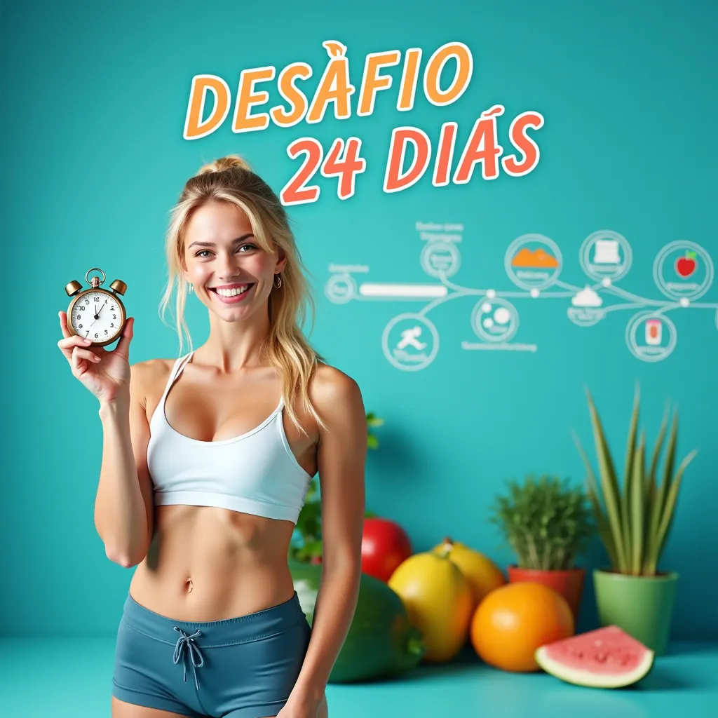 A vibrant and motivational image for a weight loss Facebook Ads campaign, with the theme 'Lose Weight in 24 Days.' The image should feature a 27-year-old blonde woman in a workout setting, smiling confidently and exuding positive energy. She should be wear...