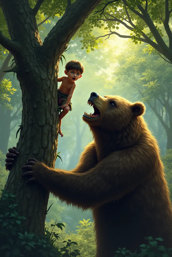 a boy is claiming up a tree due to fear of a bear 