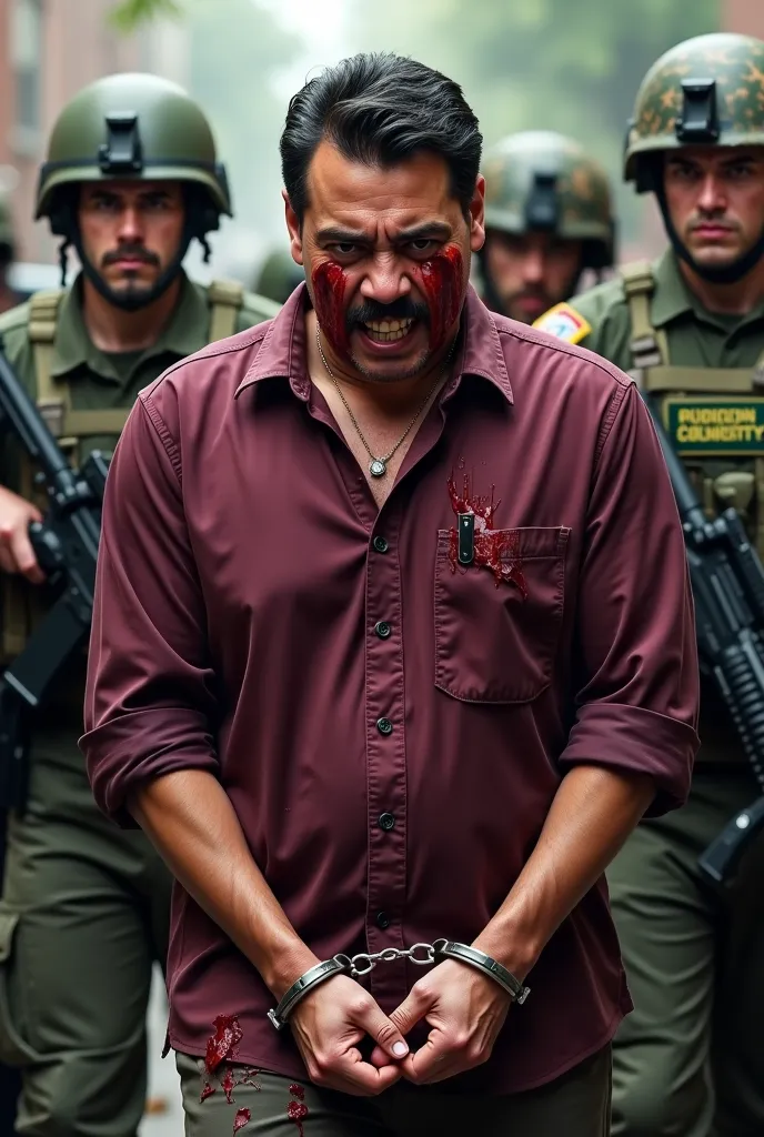 create an image of the downcast president Maduro,  bleeding, bruised face, torn shirt and blood marks, handcuffed with a burgundy, shirt surrounded by American Special Forces soldiers