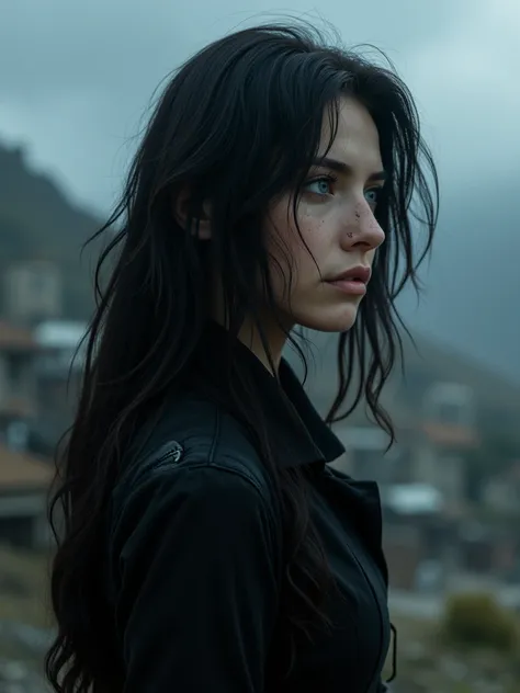 a woman with black hair and blue eyes looking back but her face is in profile, wears a black outfit and is already 23 years old 4K PHOTOREALISTIC as if the wind were moving her hair and looking back sadly she is facing the expert and looking back LONG HAIR...